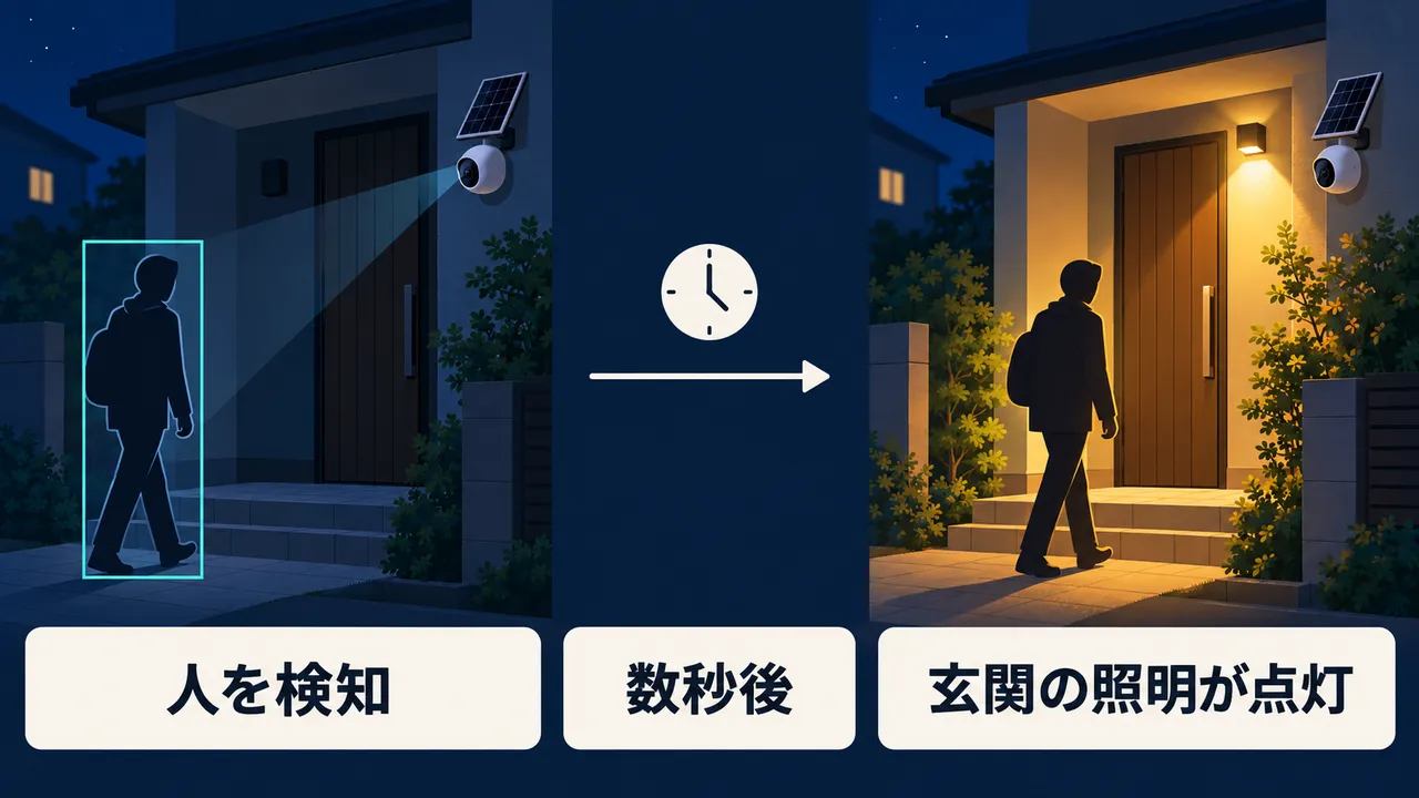 3 つの場面のイラスト。左は夜の暗い玄関の前を歩く人を、壁の防犯カメラが四角い枠で検知している場面で「人を検知」。真ん中は時計のアイコンと右向きの矢印で「数秒後」。右は玄関の照明が点いて、玄関の前と人が温かい光で照らされている場面で「玄関の照明が点灯」